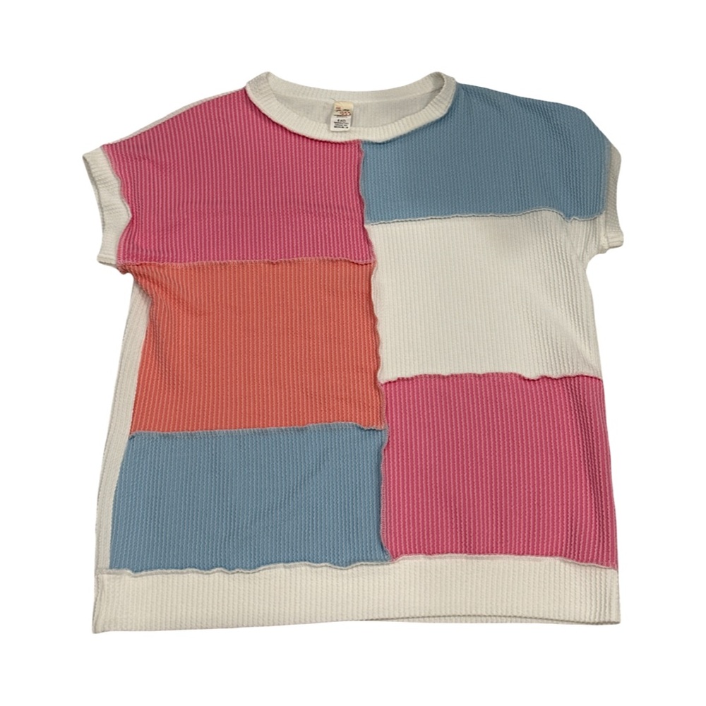7th Ray Colorblock Waffle Knit Top Medium Pink Blue